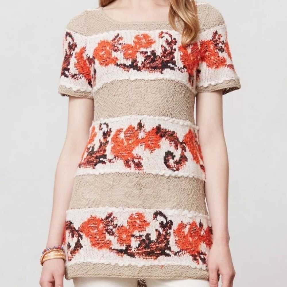 ANTHROPOLOGIE BANDED BOUQUETS TUNIC TOP SWEATER by KNITTED & KNOTTED SIZE S